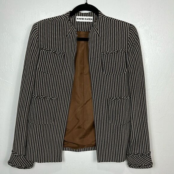 David Hayes Vintage Pure Silk Herringbone Print Open Front Jacket Size 6 - Picture 1 of 11